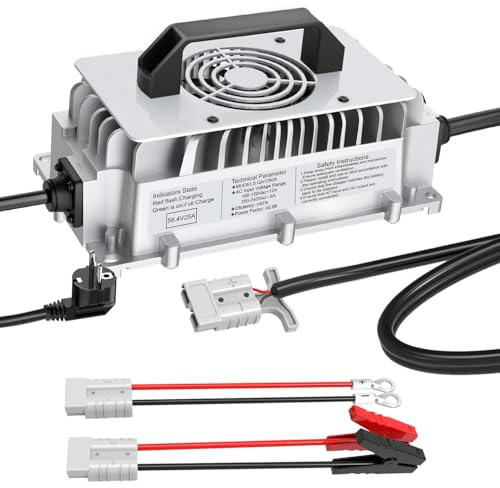 Chargeur 58.4V 25A LiFePO4 pour Chargeur de Batterie au Lithium Fer Phosphate 48V (51.2V), Charge Rapide, protège la Batterie