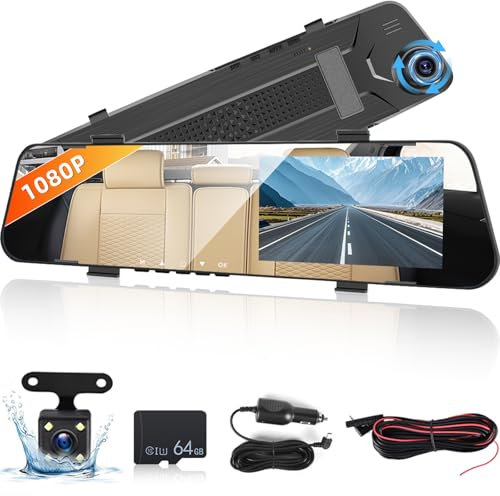 Rückfahrkamera Spiegel mit 64G TF-Karte, 4,5 Zoll 1080P IPS Touchscreen/Loop Recording/ 150° Wide Angel/Night Vision/G-Sensor/Parkhilfe + Rückfahrkamera