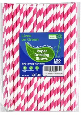 Lives on Green 19,7cm Hot Pink Gestreifte Papierstrohhalme Zum Trinken - Unverpackt, 100 Stück - für Party, Hochzeit, Cocktail, Getränk