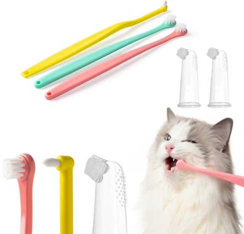 E.M&S.T by Emmeliestella Small Dog & Cat Toothbrush Kit，Micro Head, Kitten Toothbrush, Finger Brush, Starter Kit, Round & Pointed Design, Pet Dental Care, Soft Bristles, Multi-Angle, Deep Clean, 5PCS