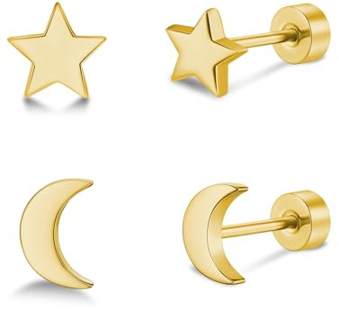 2 paia di orecchini da donna in oro 14k, orecchini a bottone piatto in titanio, orecchini ipoallergenici a forma di stella e luna, orecchini a perno senza nichel per uomo (Luna e Stella - Oro-5MM)
