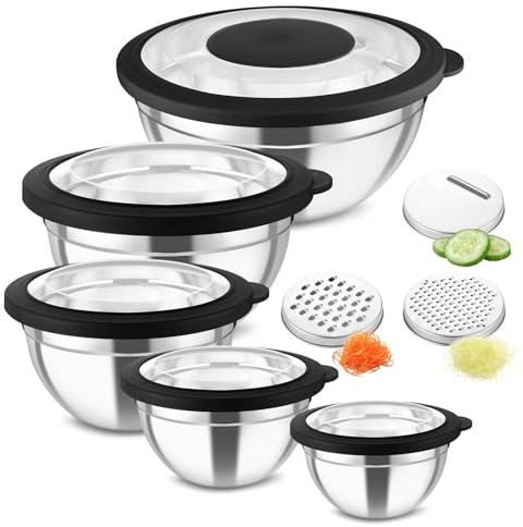 Homikit Rührschüssel 5er Set, Edelstahl Schüssel Salatschüssel Schwarz | Transparenter Luftdichtem Deckel & 3 Reibeaufsätzen, Stapelbar Küche Rührschüssel 4,6L/2,8L/1,6L/1,2L/0,7L, Spülmaschinenfest