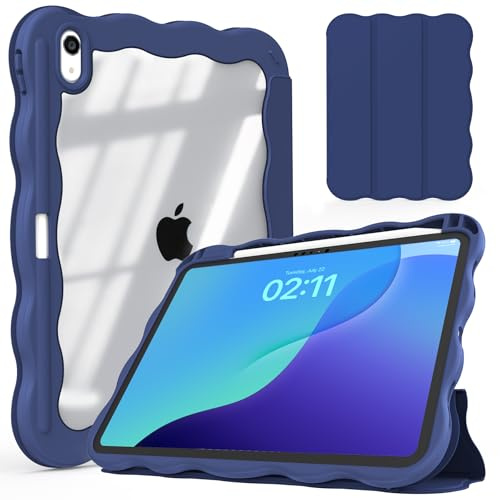 SEVROK Case for iPad (A16) 11th Generation 11 Inch 2025, iPad 10th Generation 10.9 Inch 2022, Wave Border Leather & Clear TPU Back Cover with Pencil Holder, Support Touch ID, NavyBlue