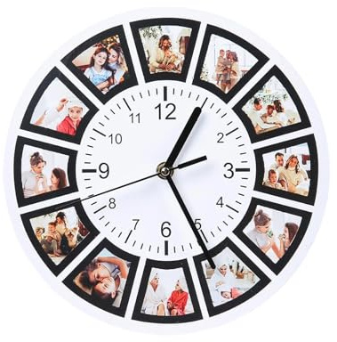 SHWorkshop Reloj de pared personalizado con foto, reloj silencioso redondo con foto y texto, adecuado para fondo de sala de estar, material de PVC, múltiples esferas, 8-15 pulgadas