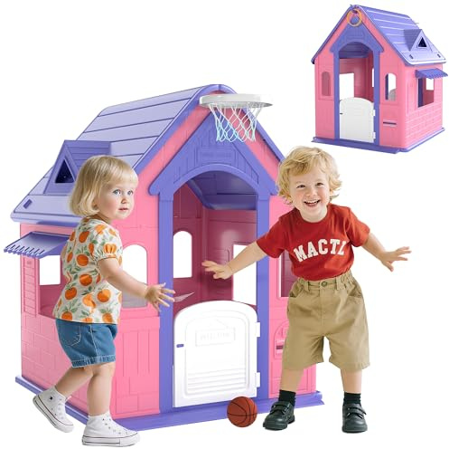 AIYAPLAY Casita Infantil 3 en 1 Casa Exterior Niños 2-5 Años Rosa y Morado