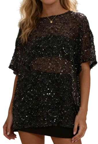 Womens Glitter Sequin Sheer Net Tops Y2K Elbow/Long Sleeve Casual T Shirts | Ladies Eyelet Sparkly Going Out Streetwear Summer Sequined Loose Lounge T-shirts Club Party Shiny See Through Glitter Blouses