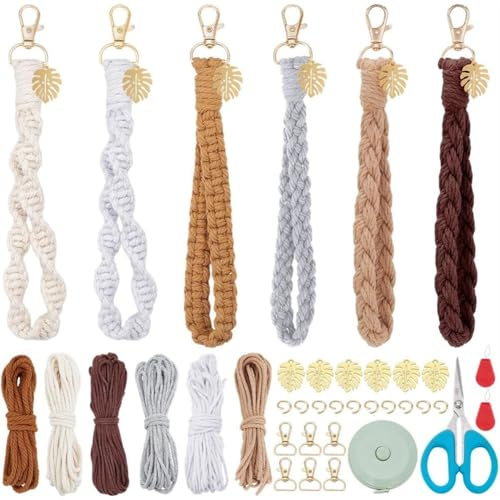 Zhdbchyuu 1 Set DIY Macrame Keychain Kit Vintage Boho Macrames Palm Leaf Keychain Making Kit for Beginner Dark Color Macrame