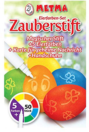 Metma P-101 - Eierfarben, 5 Stück, Gelb, Orange, Rot, Blau, Grün, magischer Stift, Karte für geheime Nachricht, Handschuh Färbetabletten, Ostereier, Ostern