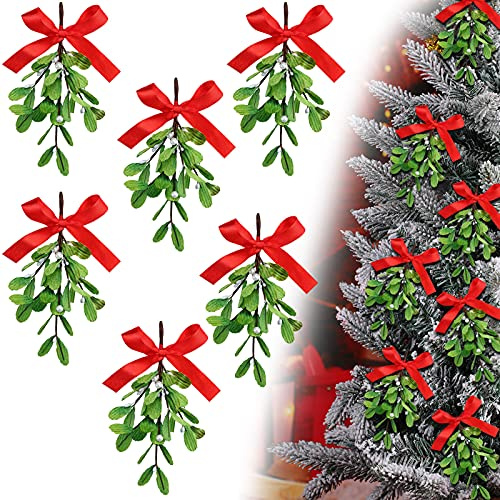 Christmas Artificial Mistletoe Picks - Fake Branches with Red Bow and White Berries - Hanging Mistletoe Ornament for Christmas Party Decorations (6 Pieces)