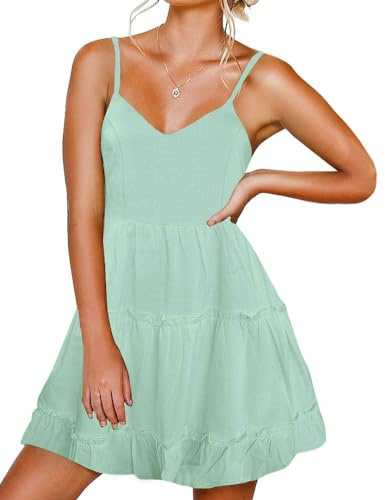 FANCYINN Femmes col en v Bretelles Spaghetti Robes Dos Nu sans Manches Robe Florale à Volants lâche Swing Robe décontractée Vert Clair XL