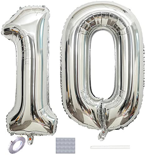 Shikuer Luftballons Zahl 10 Riesen Folienballon Nummer 10 Silber Damen,Luftballons 10. Geburtstagdeko, 40 Zoll Helium Ballons Aufblasbar Zahl 10 Silber für Geburtstag, Hochzeit, Jubiläum XXL