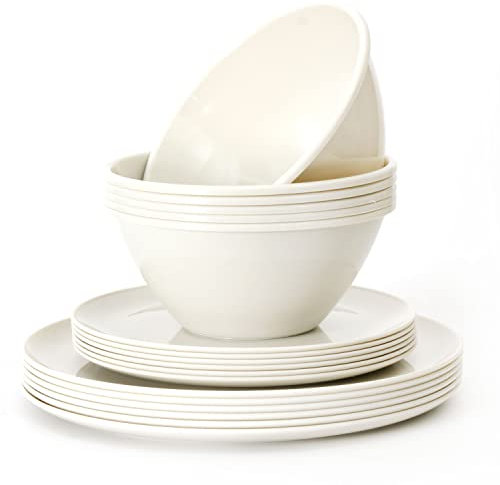 Youngever 18 Pieces Re-usable Plastic Kitchen Dinnerware Set, Plates (20CM & 25CM), Bowls (1000ML), Service for 6 (Cream)