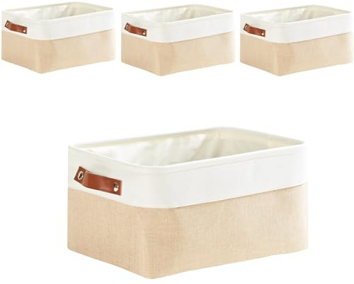Mangata Fabric Storage Boxes, Thickened Canvas Storage Baskets with Handle for Shelves, Clothes Toys(M, Khaki/White, without Drawstring,4 Pcs)