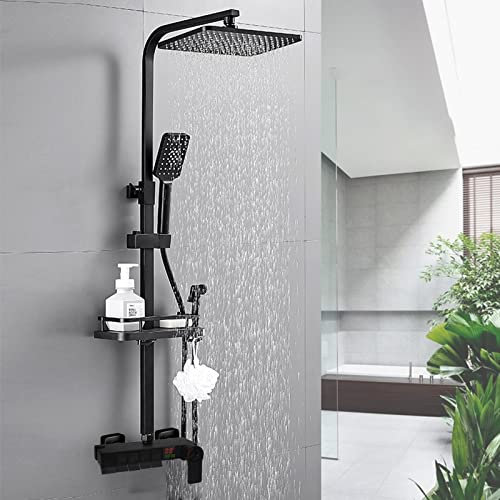Dnkelar Duschset, Duschsystem Schwarz mit Thermostat Regendusche mit Verstellbar Duschstange, Überkopfbrause, Handbrause, Vielseitig Duschset (Klaviertastenthermostat-LED-Anzeige)