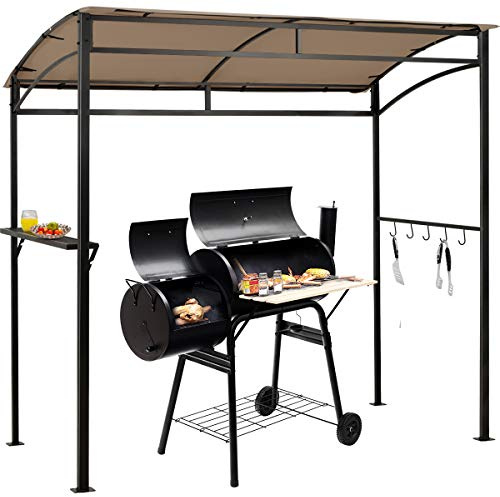 COSTWAY Pérgola para Parrilla de 216 cm, Toldo de Barbecue para Patio con Estante de Servicio y Ganchos de Almacenamiento, Refugio Curvo para Parrilla con Marco Metálico y Toldo para Jardín, Marrón