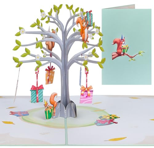 Sweetpopup® 3D Pop-Up Karte Eichhörnchen – Glückwunschkarte für Geburtstag, Muttertag & Vatertag – Geschenkbaum mit Geschenken, 074