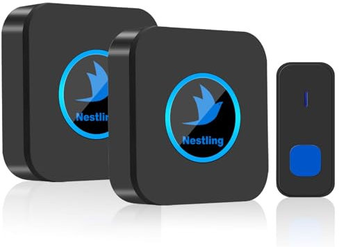 Sonnette sans Fil, Sonnette de Porte Exterieur Étanche IP55, Kit de Carillon avec 2 Récepteurs Enfichables, Portée de 300M, 55 Mélodies, Volume Réglable, LED Bleu, Facile à Installer pour Maison, Noir