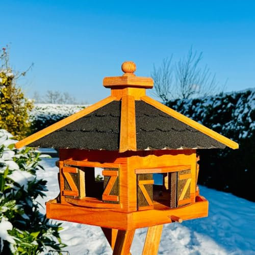 DARLUX Vogelfutterhaus XL Sechseck Vogelhaus Holz Futterstelle Braun/Schwarz
