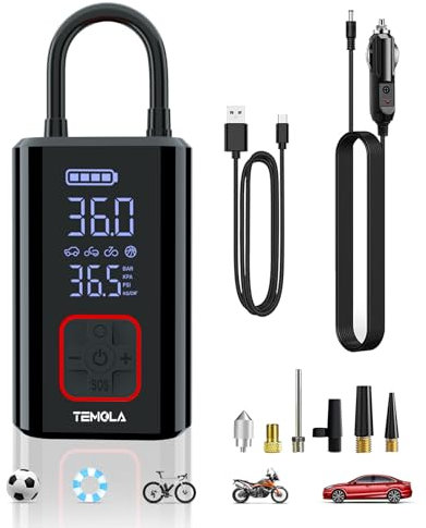 TEMOLA Tyre Inflator Air Compressor, Car Tyre Inflator Cordless Rechargeable 150PSI with Digital Pressure Gauge 12V DC, Electric Bike Pump Car Tyre Pump for Car Bike Motorcycle Ball Car Accessories