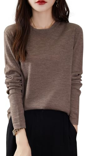 Chanyarn 100 % merino ullskjorta damer rund hals långärmad för resor vandring t-shirt underkläder topp, SOLBRÄNNA, XL