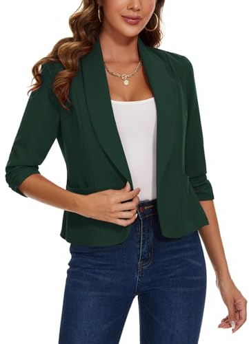 LADI TREND Blazer för kvinnor öppen framsida kostymjacka 3/4 rynkad ärm blazers ledig cardigan ytterkläder med påsydda fickor, Gn-mörkgrön, XXL