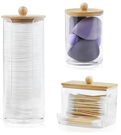 CANCYCC 3 Stück Wattestäbchen Behälter, Acryl Schminktisch Organizer Wattepads Aufbewahrungsbox, Wattepadspender mit Bambusdeckel für Wattebällchen Kosmetik, Badezimmer Schminktisch, Zubehör Deko
