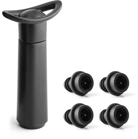 OWO Wine Vacuum Pump with 4 Stoppers, Wine Saver & Preserver, Food Grade Silicone Stoppers, Reusable Air Remover Pump for Standard Wine Bottles - Keeps Wine Fresh Longer
