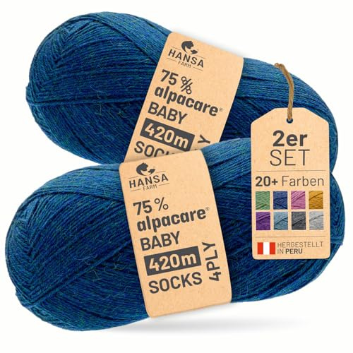 HANSA-FARM |alpacare 75% waschbare Baby Alpaka Socks 224g Set (2 x 112g) Sockenwolle kratzfreie Wolle zum Stricken & Häkeln - HF259 Deep Ocean Melange