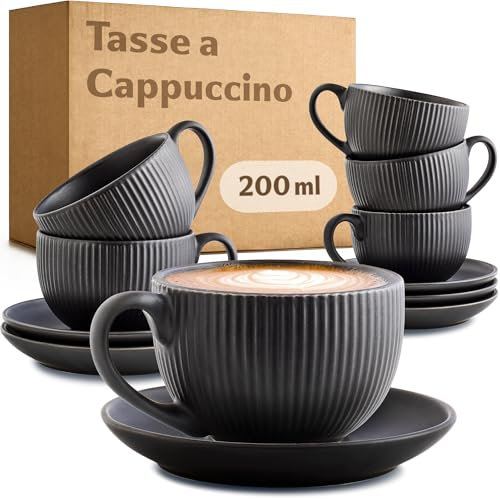 Cosumy Tazas de Capuchino con Platos - 6 Tazas de Café Negra con Asa - 200ml - Diseño único a rayas - Cerámica mate - Apto para lavavajillas