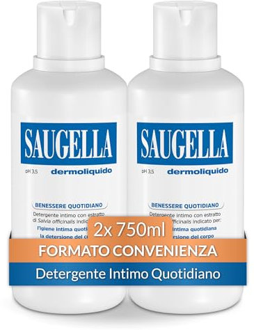 Saugella Dermoliquido Detergente Intimo Quotidiano, pH 3.5, Antiodore, Rinfrescante e Tonificante, con Salvia e Acido Lattico, 2 Detergenti da 750 ml