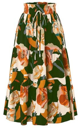 Adigaber Kvinnors Kjoler med Elastisk Midja Vintage Blommig Tryck Volanger A-Linje Knäförkläde Med Bältesrem, Armégrön, M
