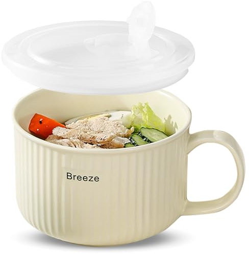 mehrido Keramik Suppenschalen mit Griff und Deckel, 750 ml Große Suppentasse für Suppe, Instant-Nudel, Müsli, Suppenbehälter, Mikrowellen- und Spülmaschinenfest (Light Yellow)