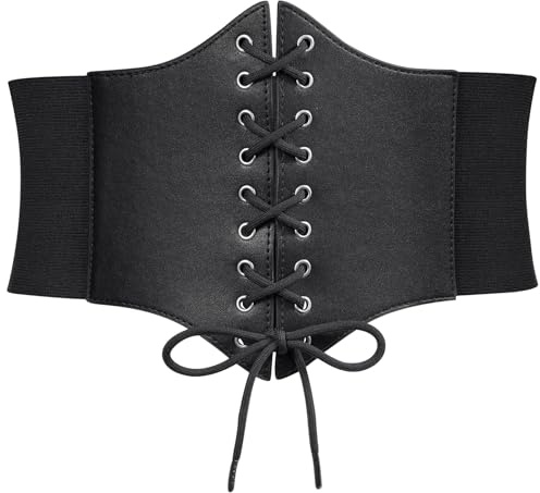 LEACOOLKEY Cintura Corsetto Elastica Larga Donna Vintage con Lacci Stile Waspie per Costumi e Abiti,Nero