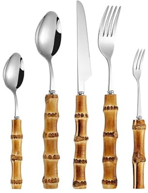 Bestickset I Bambu, Bestick I Rostfritt Stål För 18 Personer, Silverbestick I 304 Rostfritt Stål Med Bambuhandtag, Bestickset För Familjefester, Spegelpolerat (Silver 40pcs(set for 8))