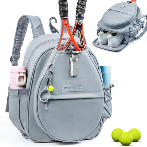 SPORJET Tennis Bag with Shoe Compartment, Tennis Backpack for 2 Rackets, Water-Resistant PU Leather Racket Bag for Women & Men, Sports Backpack for Tennis, Pickleball & Badminton, Gifts