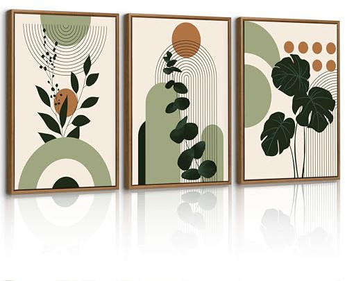 3Pcs Boho Salvia Verde Geométrico Líneas Modernos Cuadros Decoracion Con Marcos Botánico Naranja Estética Planta Hoja Cuadro y Láminas Lienzos Decorativos Hogar Comedor Salon Dormitorios 30X40cmX3