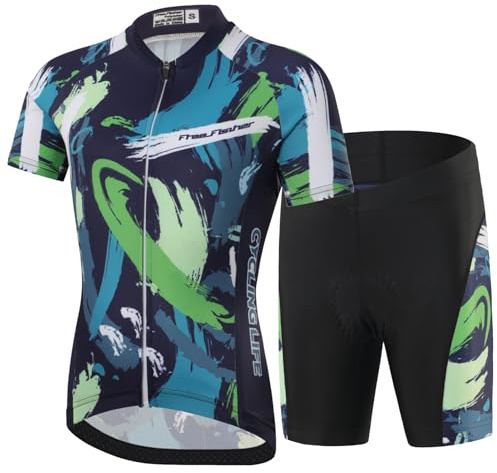 SXSHUN Enfant Garçon Maillots de Cyclisme Fille Séchage Rapide Maillots à Manches Courtes&Shorts de vélo avec Coussin d'Assise 3D Respirant Vêtements de Sport de Cyclisme, Bleu+Vert, 3 ans-4 ans