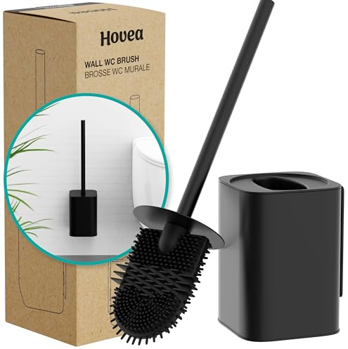 Hovea - Scopino Bagno Sospeso Nero - Scopino WC Piatto Silicone & Portascopino Metallo - Nessuna Foratura - Montaggio a Parete con Adesivo o Vite - Porta Scopino - WC3010