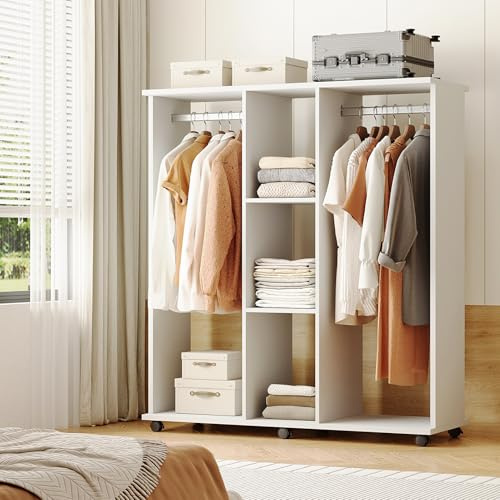 Warmiehomy Bedroom Open Wardrobe with 2 Hanging Rails 120x40x128cm,White | Wardrobe Clothes Storage Movable Clothes Racks on Wheels,Cupboards Unit Freestanding Wardrobes for Bedroom Cloakroom Hallway