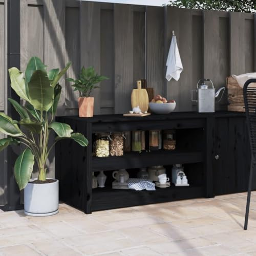Mandloder Outdoor-Küchenschrank Schwarz 106x55x64 cm, Massivholz Kiefer, viel Stauraum, modulares Design, für Garten und Terrasse, ideal zur Organisation Ihrer Außenküche