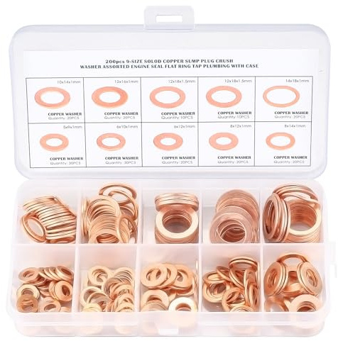 Rondelle Acciaio, Guarnizioni O'Ring, Rondelle di Rame, Set di 200 Rondelle Piatte in Rame, Metrica Piatta Rondelle di Tenuta per Sistemi Idraulici, Fissaggi a Vite - M5 M6 M8 M10 M12 M14