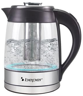 BEPER BB.103 Hervidor de agua eléctrico de vidrio de 1,8 L, 2200 W, Filtro extraíble, Indicador de agua, Apagado automático, Protección contra sobrecalentamiento, Encendido único, Negro