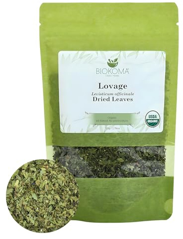 Biokoma Organic Lovage Dried Leaves 50g 1.76oz Pure Cut Herb Levisticum officinale USDA Organic Herbal Tea Digestion & Urinary Health Resealable Moisture Proof Pouch No Preservatives No GMO Kosher
