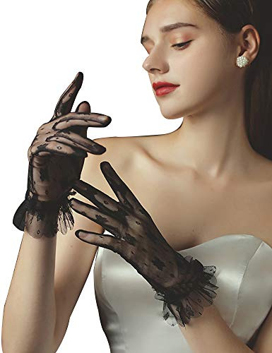 QRBTSCL Women's Short Lace Bridal Wedding Party Gloves Vintage Lace 1920s Tea party Prom Evening Gloves Black