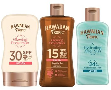 HAWAIIAN Tropic Travel Size Kit - Set de Viaje para Protección Solar (Aceite Bronceador SPF 15 + Loción Protectora SPF 30 + Aftersun Hidratante AirSoft)