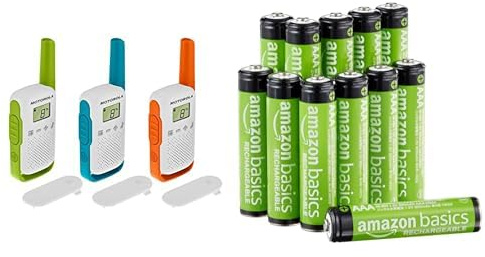 Motorola 5031753007515 Talkabout 2-Vägs Walkie Talkie Bärbar Radio, Orange/Grön/Blå, Paket med 3 & AmazonBasics AAA Återuppladdningsbara Batterier, Paket med 12