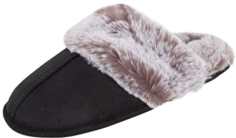 Jessica Simpson Women's Comfy Faux Fur House Slipper Scuff Memory Foam Slip on Anti-Skid Sole, Black, 2X-Large