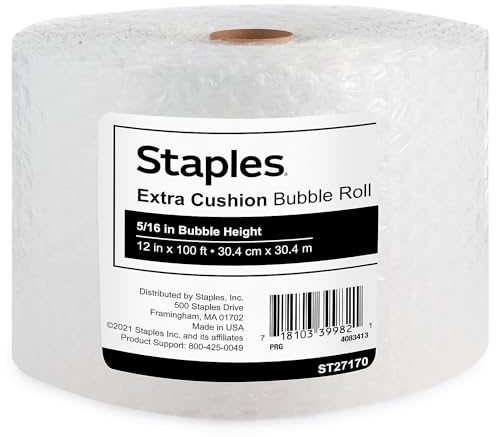 Staples Standard Bubble Cushioning Roll, 5/16” Bubble Height, 12” x 100’, Protective Packaging for Shipping & Storage