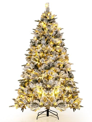 COSTWAY 180 cm Konstgjord Julgran med Snöeffekt och 250 Varmvita LED-lampor, Realistisk Gran med 752 Grenspetsar i PE & PVC, Hopfällbart Metallstativ, Perfekt för Hem & Offentliga Miljöer