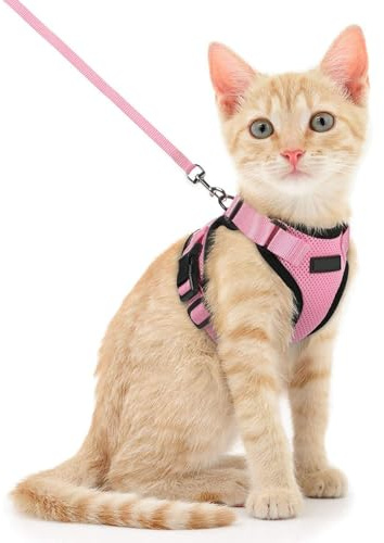 Voarge Arnés para Gato Ajustable con Correa de 150cm, Seguridad para Pequeño Medio Grande Adulto Cachorros, Cat Harness para Caminar Viajes, S, Rosa